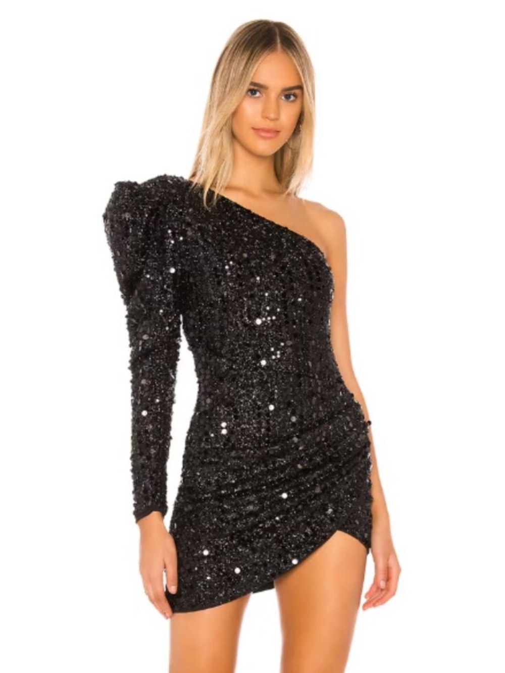 NBD One-Shoulder Black Sequin Mini Dress